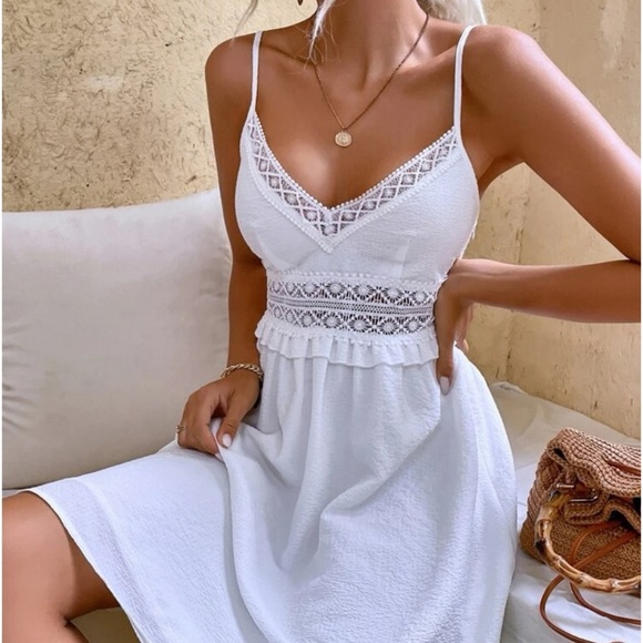 New White V Neck Ruffle Trim Cami Dress - Picture 1 of 8